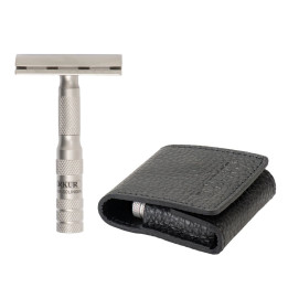 MERKUR SAFETY RAZOR FOR TRAVEL 933 STAINLESS STEEL WITH LEATHER CASE