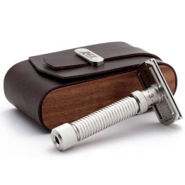 REX HORWEEN LEATHER AND WALNUT WOOD CASE FOR SAFETY RAZOR