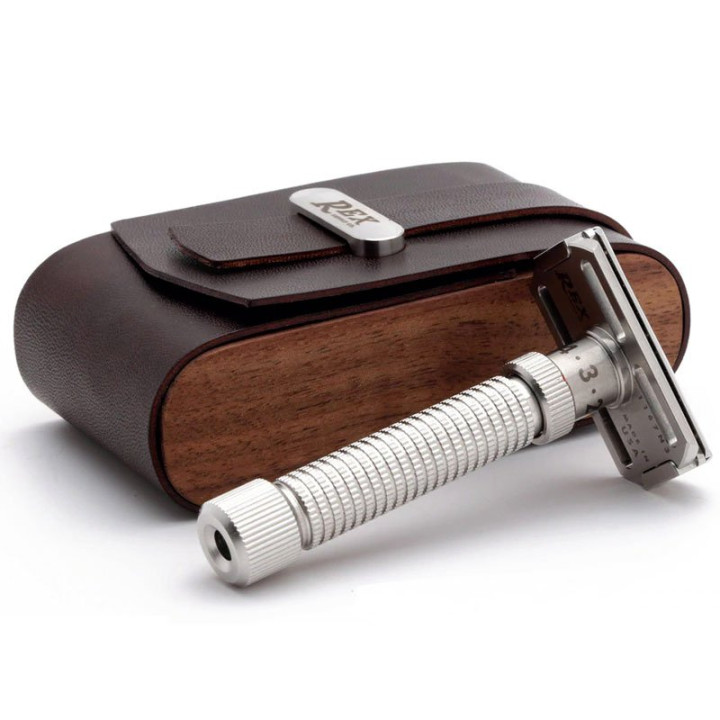 REX HORWEEN LEATHER AND WALNUT WOOD CASE FOR SAFETY RAZOR