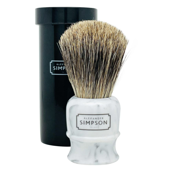SIMPSON SHAVING BRUSH PURE BADGER WITH TRAVEL TUBE HIGHBURY FAUX GREY ITALIAN MARBLE S