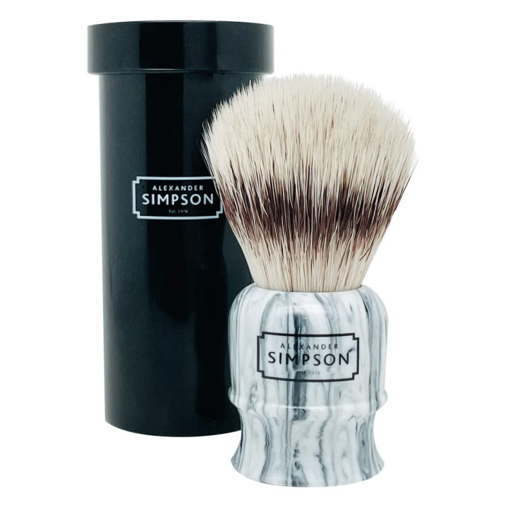 SIMPSON SHAVING BRUSH SYNTHETIC WITH TRAVEL TUBE HIGHBURY FAUX GREY ITALIAN MARBLE S